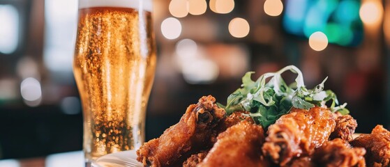 Beer, crispy chicken wings, and fresh greens served at a lively bar, perfect for game day, casual dining, or social gatherings with friends and family.