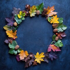 Vibrant Autumn Leaf Wreath on Dark Background Creating a Festive and Natural Display for Seasonal Decor and Inspiration in Craft Projects and Home Styling
