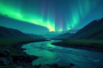 Naklejka premium Glowing aurora borealis above winding river banks, Landscapes, Atmospheric Phenomena, Weather