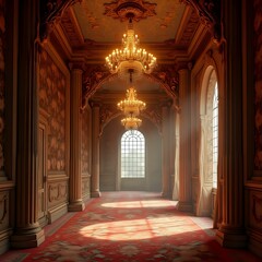 The image captures a grand hallway with ornate columns, arched windows, and a central chandelier casting light across the floor.