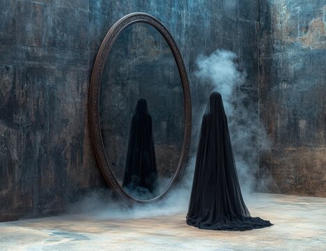 Mysterious figure in black veil stands before an antique mirror in a dark, atmospheric setting