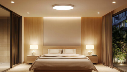 Fototapeta premium clean, minimalist bedroom with warm ambient lighting and natural elements