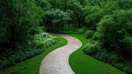 Obraz premium A winding stone path through a lush green garden