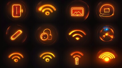 59.A comprehensive clipart set of wireless communication icons, including signal bars, mobile connectivity symbols, and a glowing effect on the full-strength Wi-Fi icon.