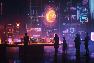 Fototapeta premium Silhouetted figures monitor vibrant digital displays showing futuristic data. Illustrates advanced technology, data analysis, and future innovation.