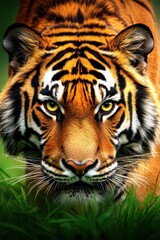 Fototapeta premium A fierce tiger gazes intently, showcasing its striking orange and black stripes against a lush green backdrop.