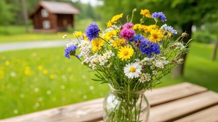 A vibrant bouquet of wildflowers in a glass vase, set on a wooden table with a scenic green landscape and a rustic cabin in the background.
