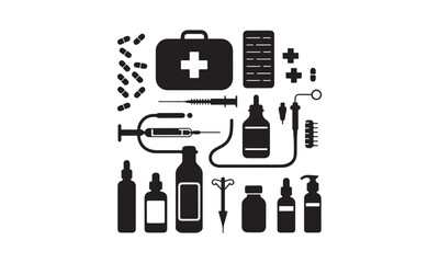 Fototapeta premium Medical Tools and Supplies Silhouette Icons