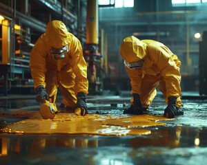 Factory Workers in Protective Coveralls Cleaning Hazardous Chemical Spill Workplace Safety, Industrial Hazard Management, Manufacturing Site Cleanup, Safety Measures, Emergency Response, Industrial