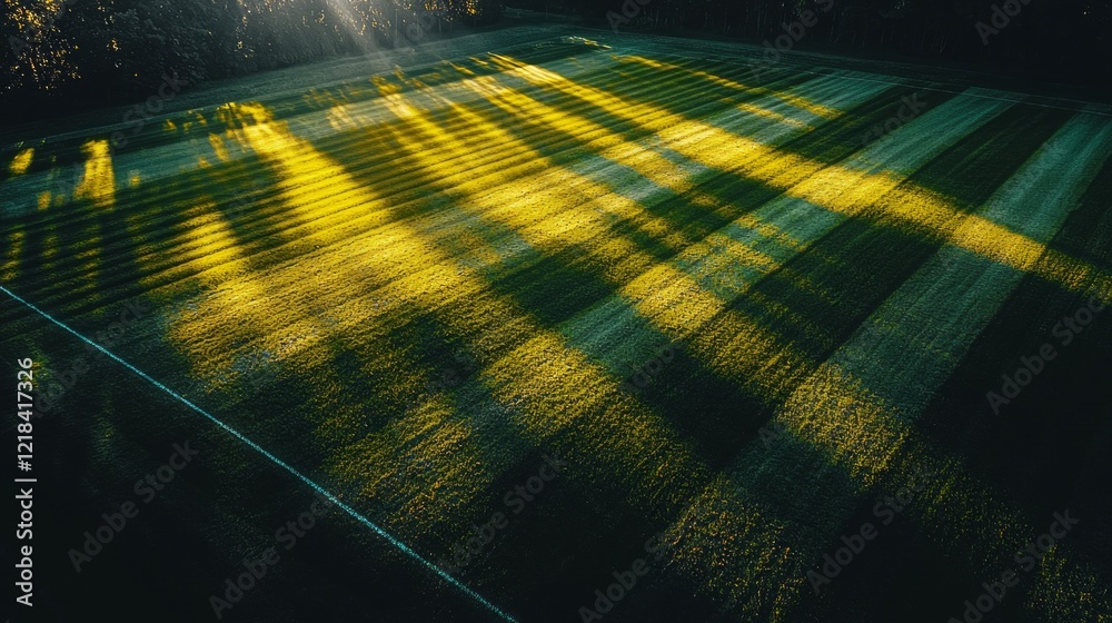 Poster golden rays of sunlight cast dynamic shadows across a lush green field, revealing a dance of light a