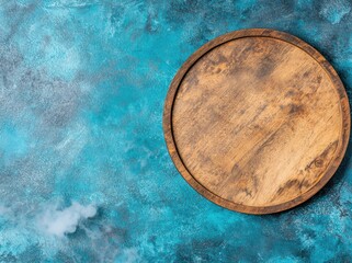 Empty wooden tray on a blue textured background
