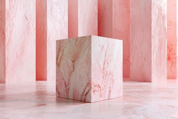 Pink marble cube on pink textured background
