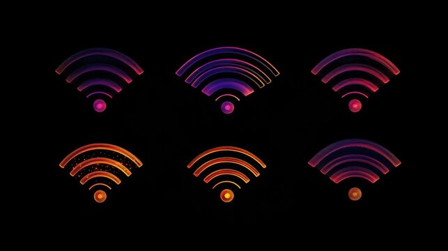 72.A detailed illustration of five unique Wi-Fi symbols, all designed in an editable vector format with clean lines, showcasing different levels of network connection.