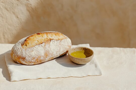 Artisan sourdough bread and olive oil on a linen cloth