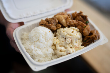 Okazuya bento to go container with fried chicken white rice mac salad