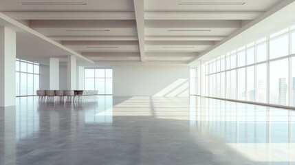 Empty room with tables and chairs, AI generated image