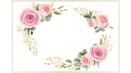 Frame for a wedding invitation card with pink roses and gold on a white background