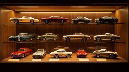 50.A display of miniature car models arranged neatly on glass shelves within a sleek wooden closet, illuminated by soft overhead lighting for a museum-like presentation.