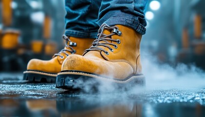 Manufacturing Workers' Safety Steel-Toed Boots and Gloves on Slippery Floors, Essential Workplace Safety Measures and Hazard Awareness in Manufacturing Environments Protecting Manufacturing Employees