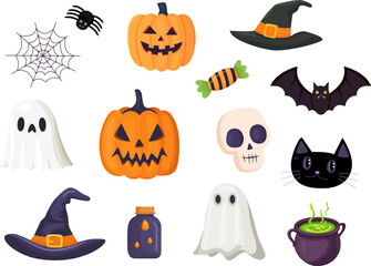 Hand-drawn Halloween vector set of elements, pumpkins, bats, ghosts
