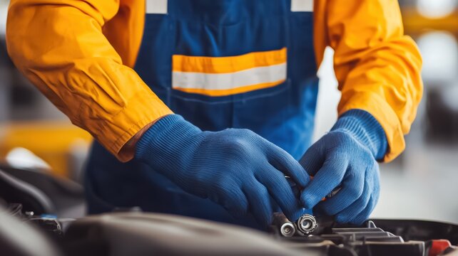A worker in a blue and orange uniform uses tools to perform mechanical repairs in a workshop, showcasing hands-on skills and attention to detail.