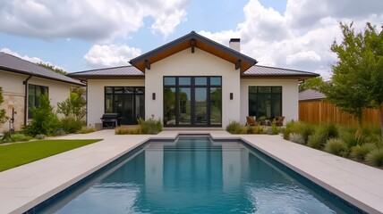 Fototapeta premium A modern home with a sleek design, featuring a swimming pool and lush landscaping under a bright sky.