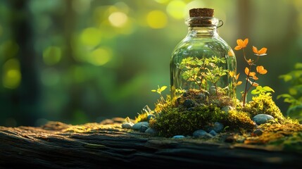 Small plant in glass bottle rests on log, forest in soft bokeh, for ecology ad.