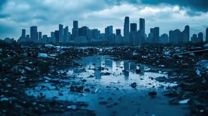 Naklejka premium A desolate city skyline looms over a polluted landscape, reflecting environmental decay and urban neglect in a moody, overcast atmosphere.