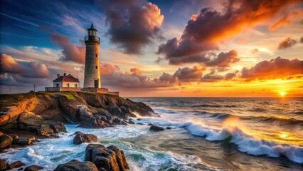 Dramatic seascape with ancient lighthouse standing proudly on rugged coastline