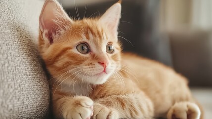 A cute orange kitten relaxing on a couch, showcasing its expressive eyes and soft fur, embodying playfulness and curiosity.