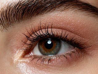 Obraz premium Close-up of a woman's eye with brown iris and long eyelashes