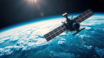 Satelite space station in orbit above planet Earth, space science