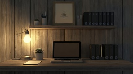 41.A minimalist shelf with wooden planks displaying a laptop, binders, a lamp, a small succulent plant, and a motivational quote framed in glass.