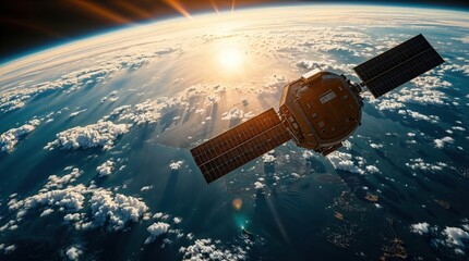 Satelite space station in orbit above planet Earth, space science