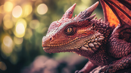 Fototapeta premium A mesmerizing crimson dragon with intricate scales and piercing golden eyes in soft sunlight