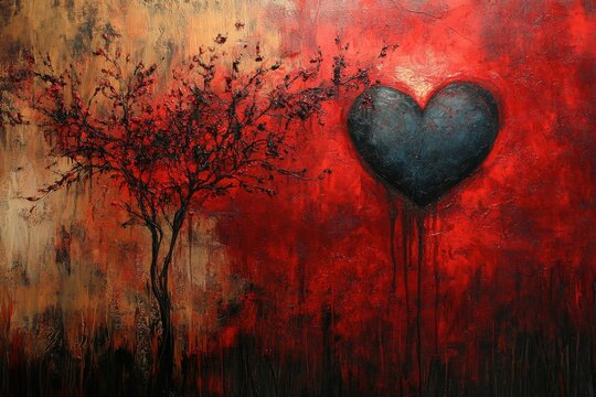 Abstract textured heart and tree on red and gold background, painted Generated AI