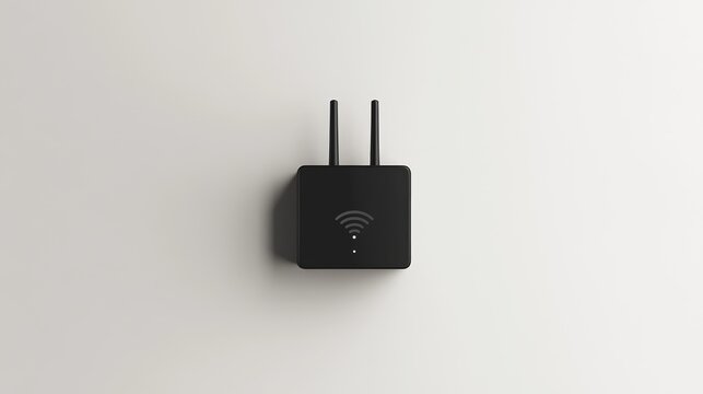 108.A minimalistic rendering of a black WiFi repeater with a smooth finish and small antennas, displayed in a white socket with a clean, isolated background.
