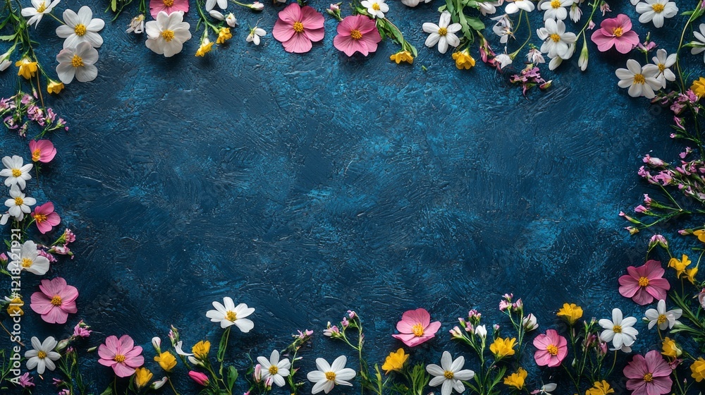 Poster delicate spring blooms intertwine in a playful arrangement against a striking dark blue backdrop, br
