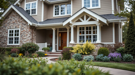 Fototapeta premium Dream House Exterior: Stone and Brick Facade, Landscaped Garden, and Curb Appeal