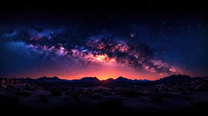 Naklejka premium Majestic Milky Way galaxy arching over a vibrant sunset landscape.