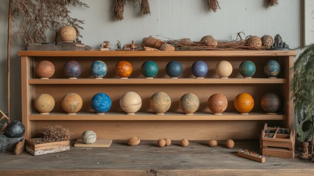 27.A realistic setup of a wooden shelf with painted spheres for each planet, accurately colored and labeled, surrounded by educational materials and natural decor in a learning environment.