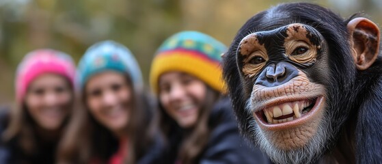 Chimpanzee interacting with joyful friends in winter hats, showcasing wildlife conservation and human-animal connection in a playful outdoor setting.