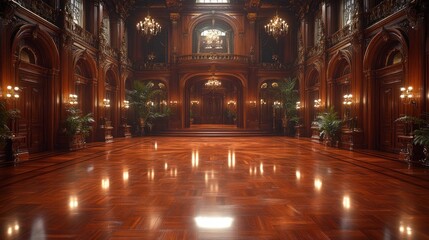 Fototapeta premium Grand Mansion Ballroom, Interior, Sunlight, Plants, Event
