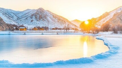 Frozen lake at sunrise, snowy mountains and wooden huts in the background.