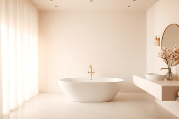 Modern luxury bathroom interior featuring a white bathtub, warm lighting, and wooden accents. Contemporary design