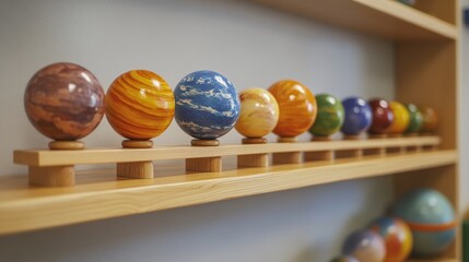 25.Montessori solar system model on a wooden shelf. Painted planetary spheres representing planets, arranged in size and color gradient in a preschool classroom