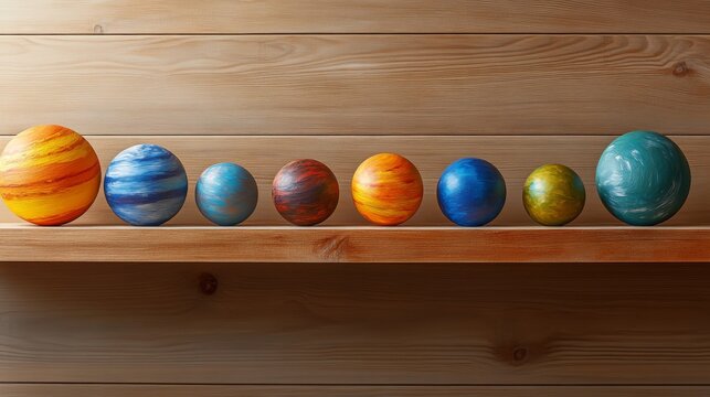 25.Montessori solar system model on a wooden shelf. Painted planetary spheres representing planets, arranged in size and color gradient in a preschool classroom
