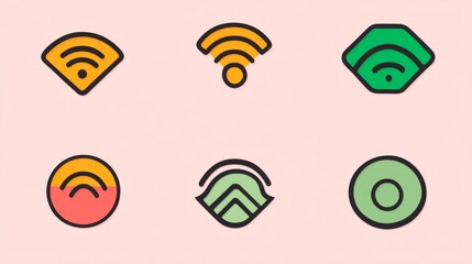 70.A vector pack of Wi-Fi-related icons, including symbols for strong signal, weak signal, no signal, and a crossed-out icon to indicate a disconnected state.