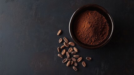 Obraz premium Brown ceramic bowl filled with fine cocoa powder, complemented by a scattering of raw cocoa beans nearby.