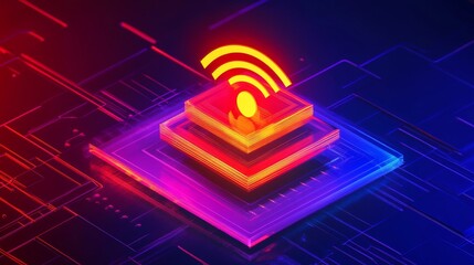 66.A vibrant 3D illustration of a Wi-Fi broadcasting icon with layered signal bars, and a red alert symbol integrated into the design to highlight a failed connection attempt.